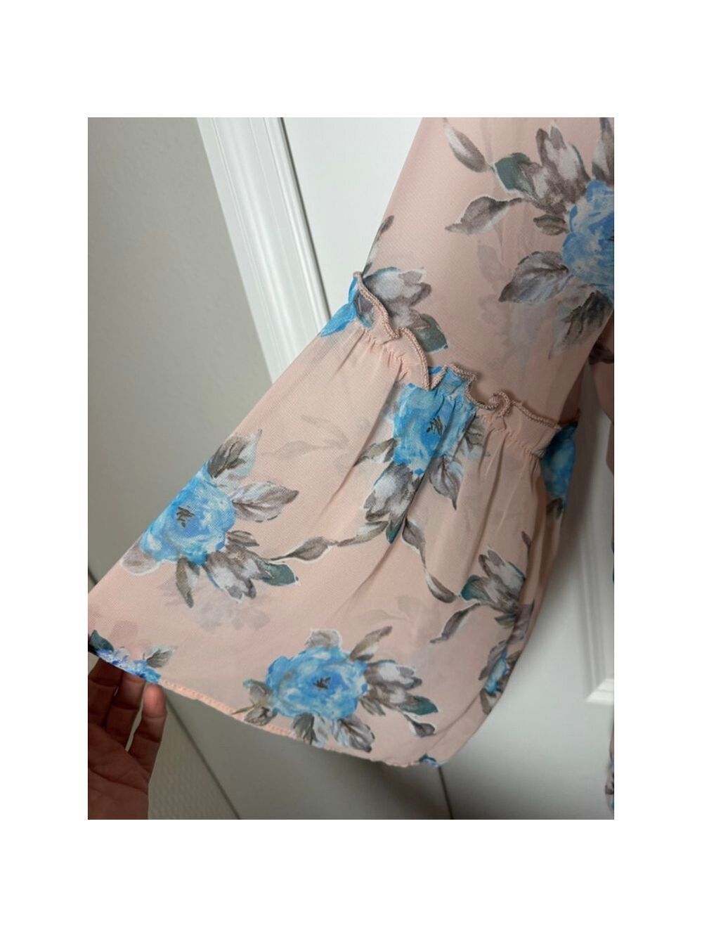 Pink Floral Blouse with Blue Flowers, Size L - Picture 5 of 8